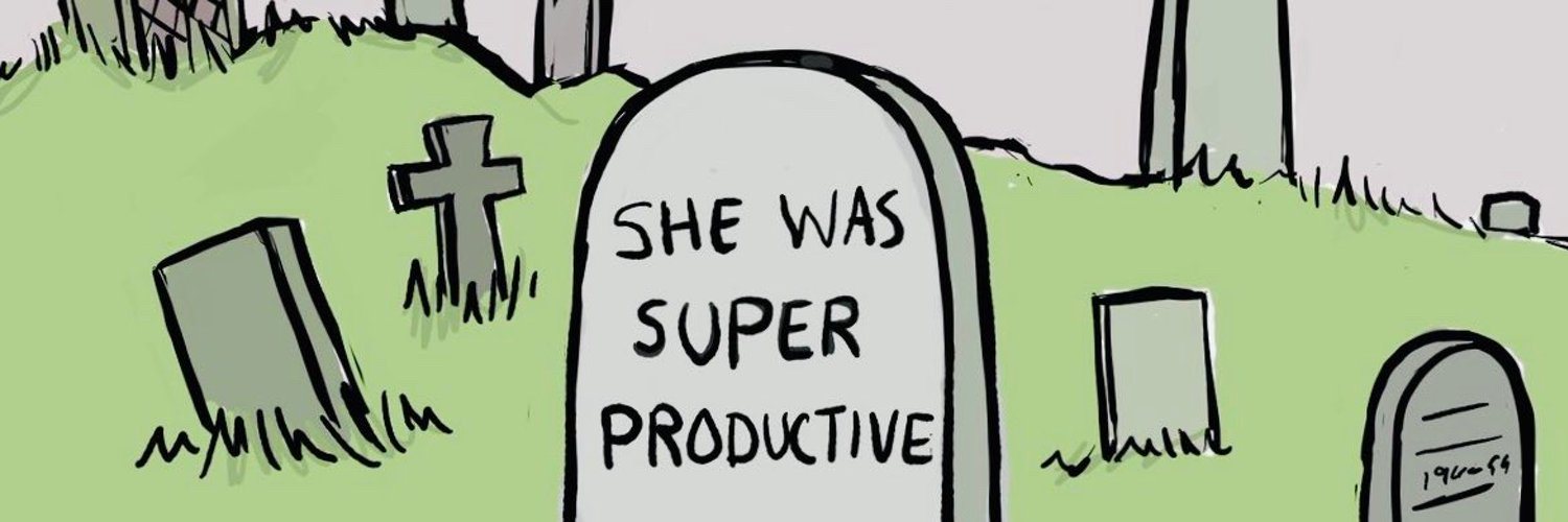 Drawing of a graveyard; the central headstone reads "she was super productive".